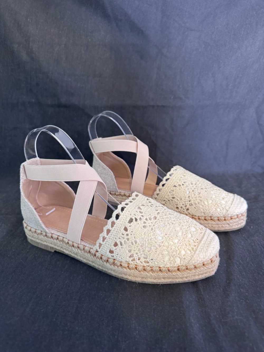 Crochet Lace Espadrille Flats with Elastic Ballet Cross Straps - Cream Size 9.5
